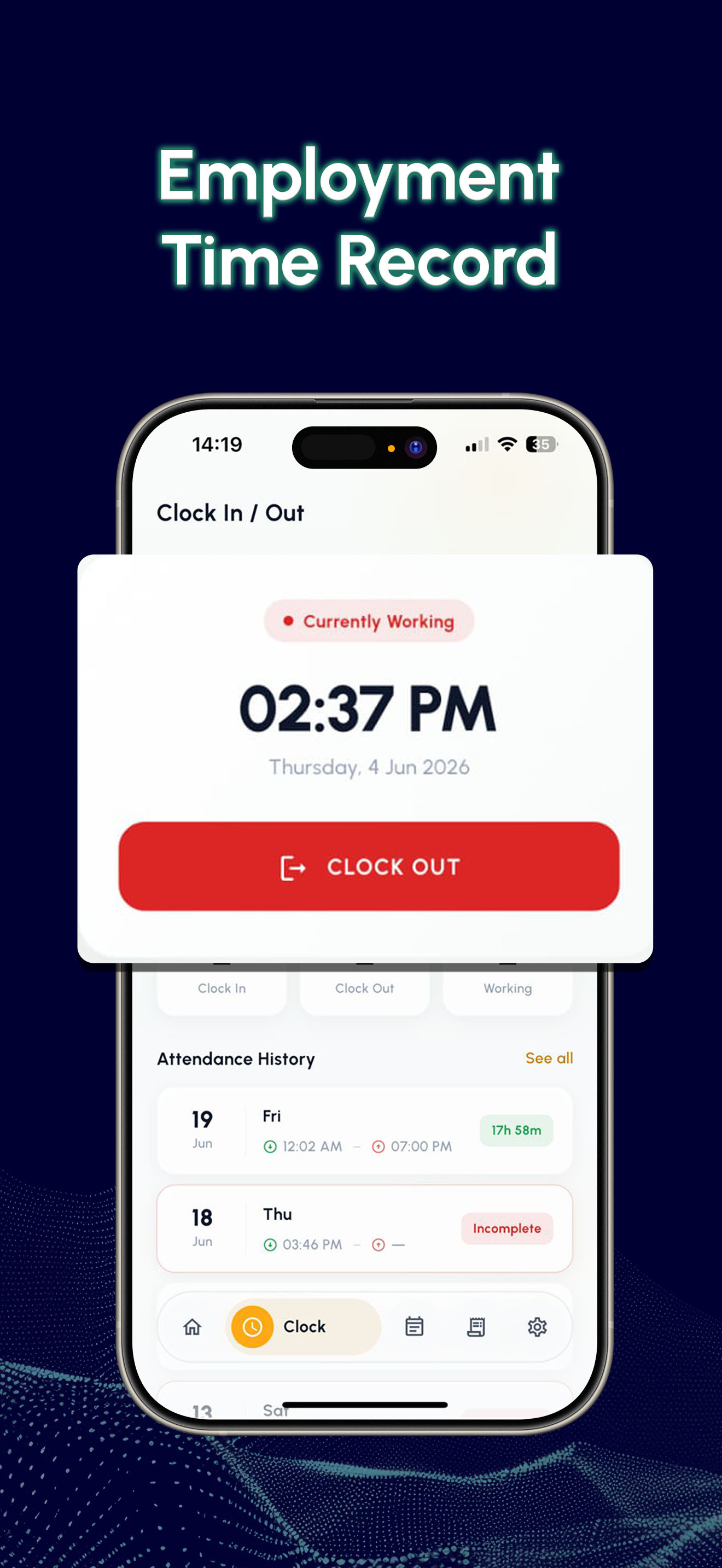 Clock in and out — employment time record