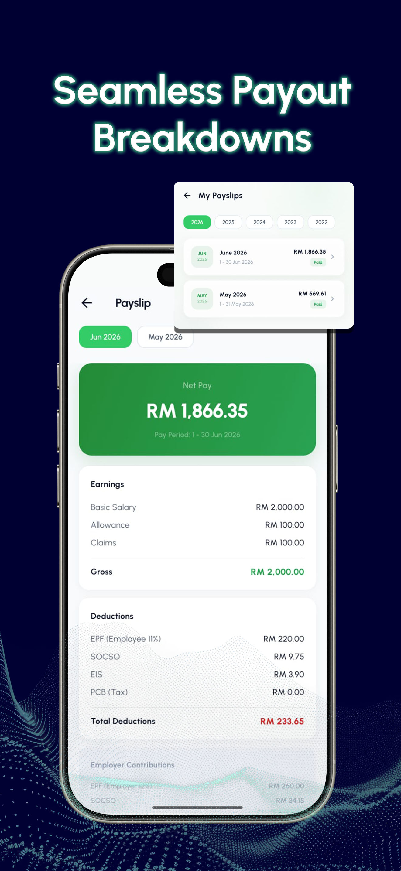 Payslip with EPF, SOCSO, EIS and PCB breakdown
